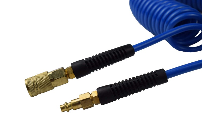 YOTOO Polyurethane Recoil Air Hose, Air Compressor Hose 1/4" Inner Diameter by 50' Long with Bend Restrictor, 1/4" Industrial Quick Coupler and Plug, Blue - Image 2